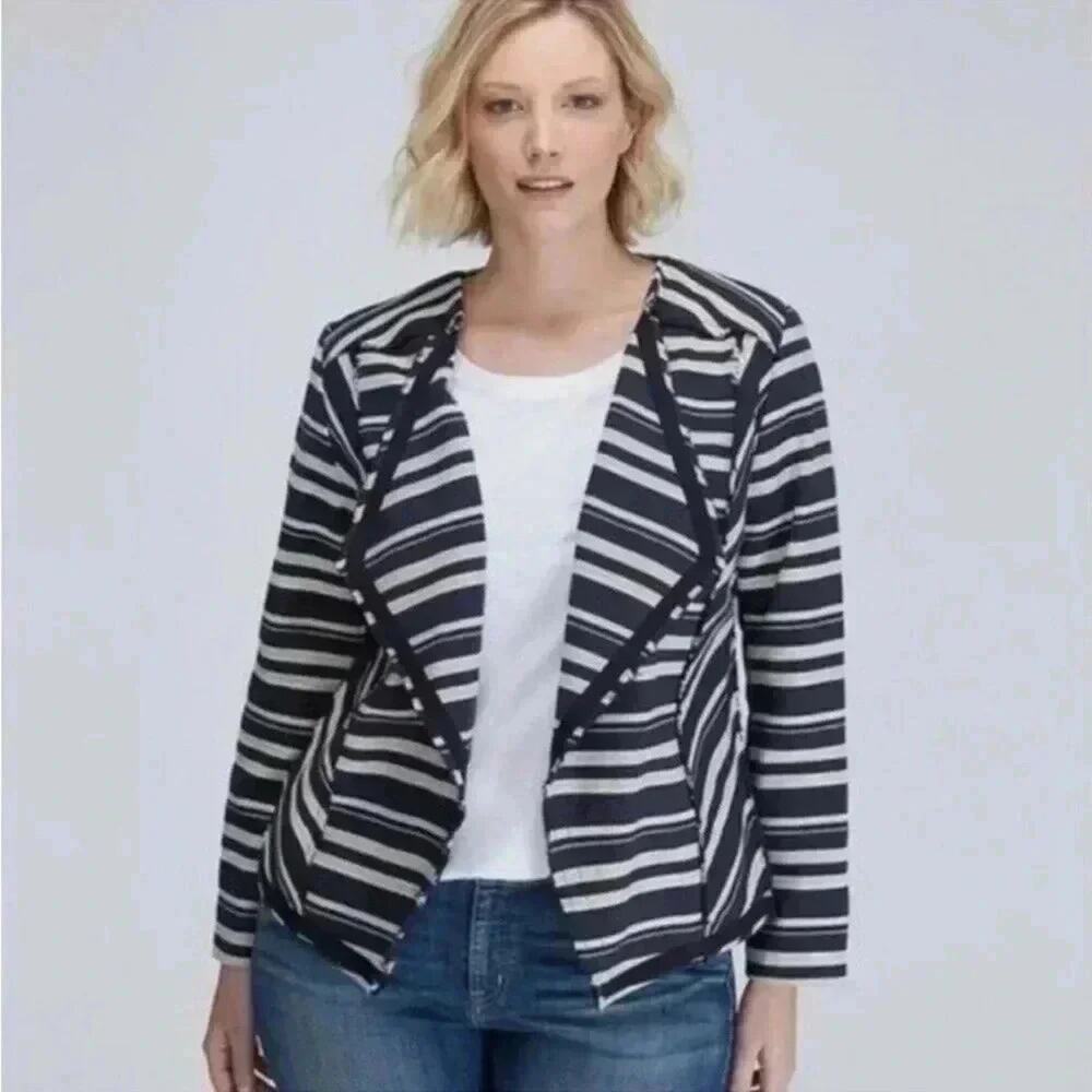 Lane Bryant Womens Blazer Raw Edge Waterfall Navy Striped